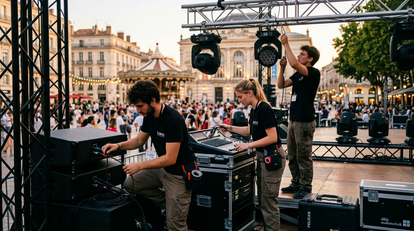 Équipe technique préparant les nouveaux aménagements du lieu scénique
